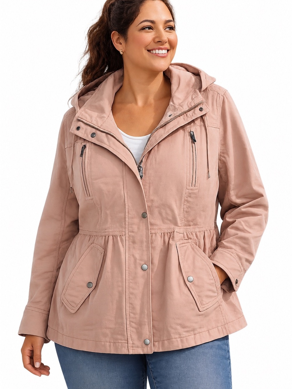 LOFT Hooded Utility Jacket Size L Dusty Rose Anorak Peplum Snap Zip Cotton